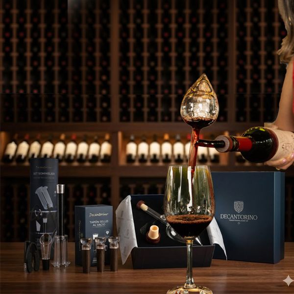 Decantorino sirviendo vino tinto a la copa frente a una cava, con la caja del Set Sommelier al lado