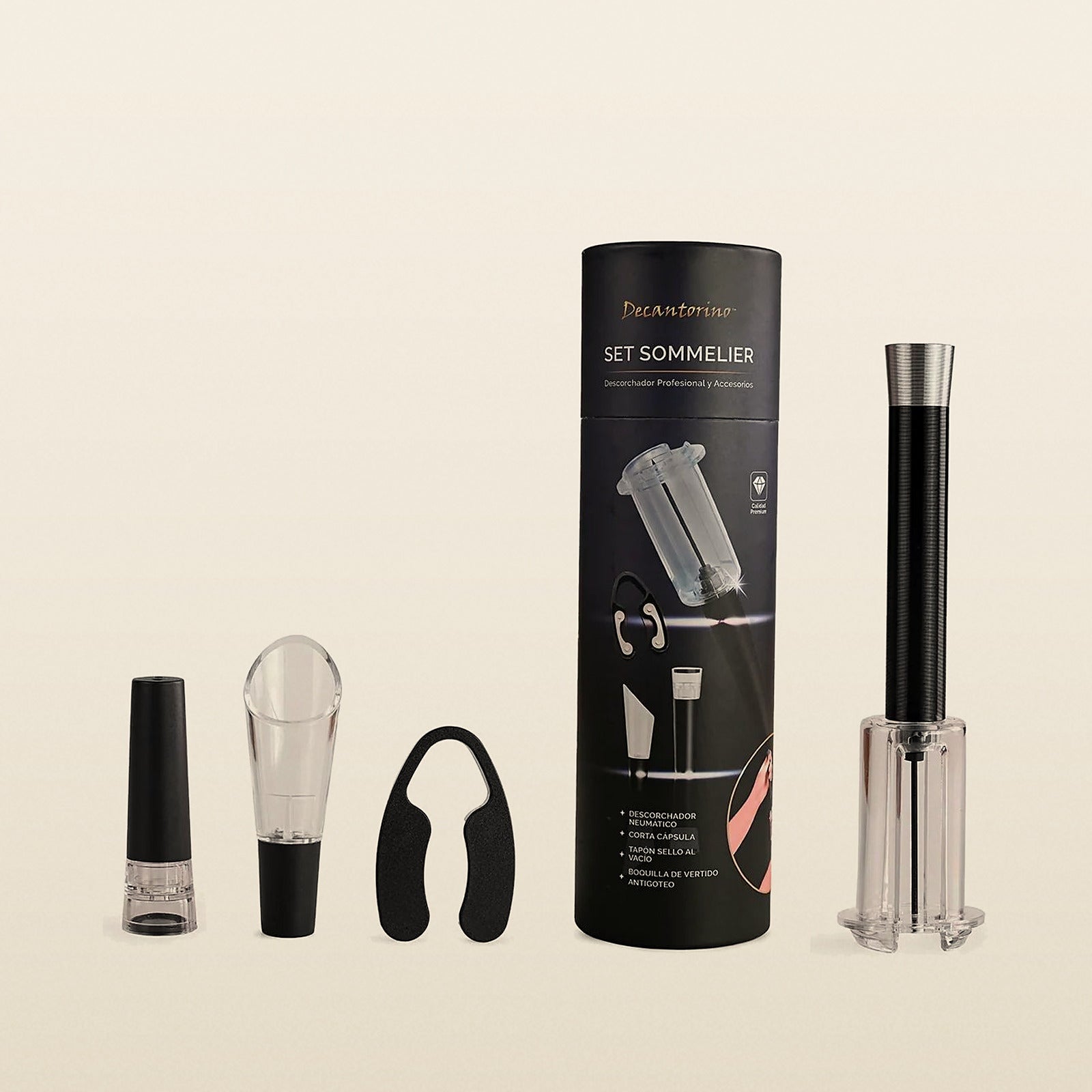 Set Sommelier de Decantorino: descorchador neumático, vertedor, tapón y cortacápsulas junto a su estuche